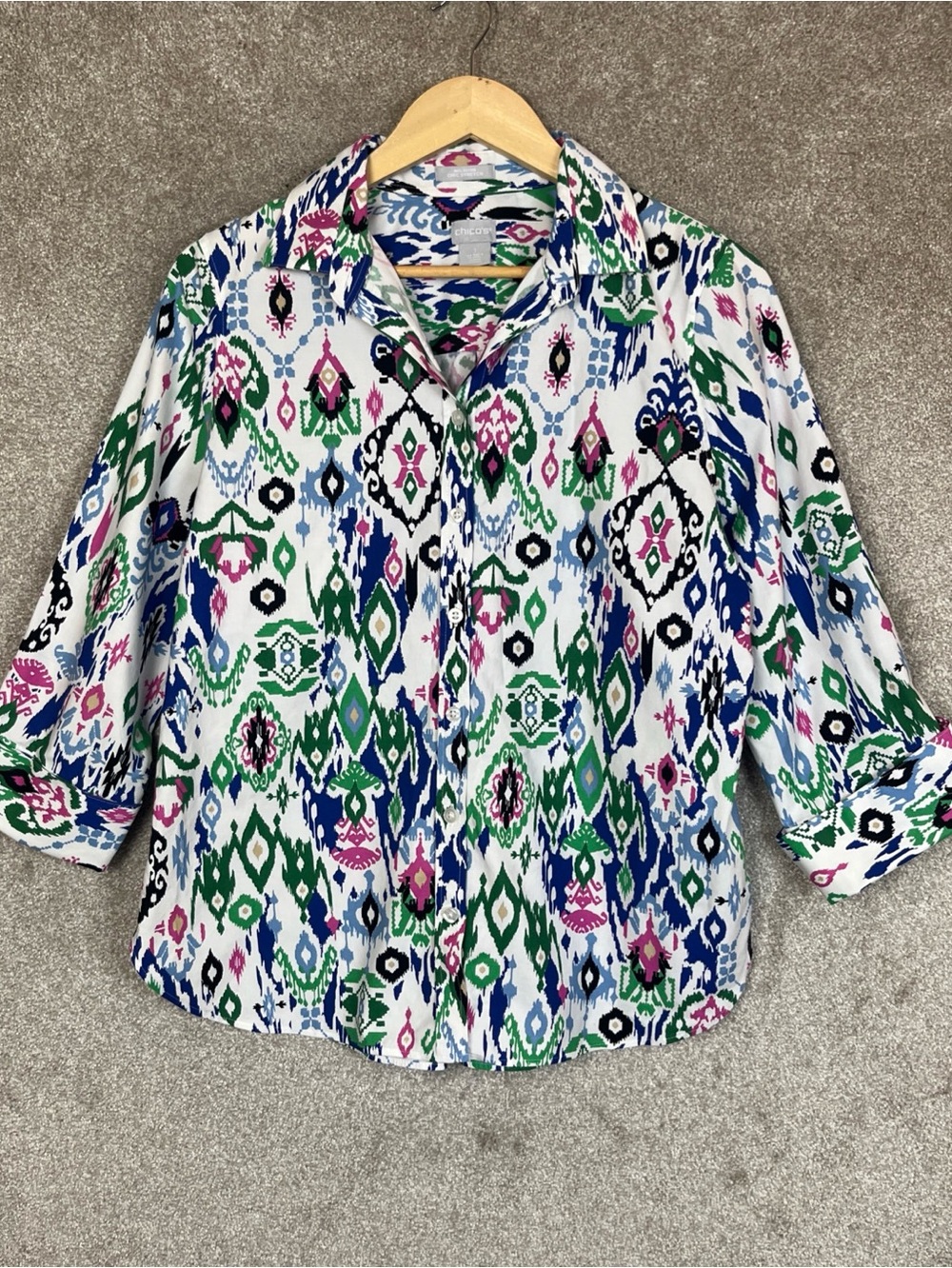 Chico's Shirt Womens 1 White Multicolor Button 3/4 Sleeve Cotton Blend- 5159